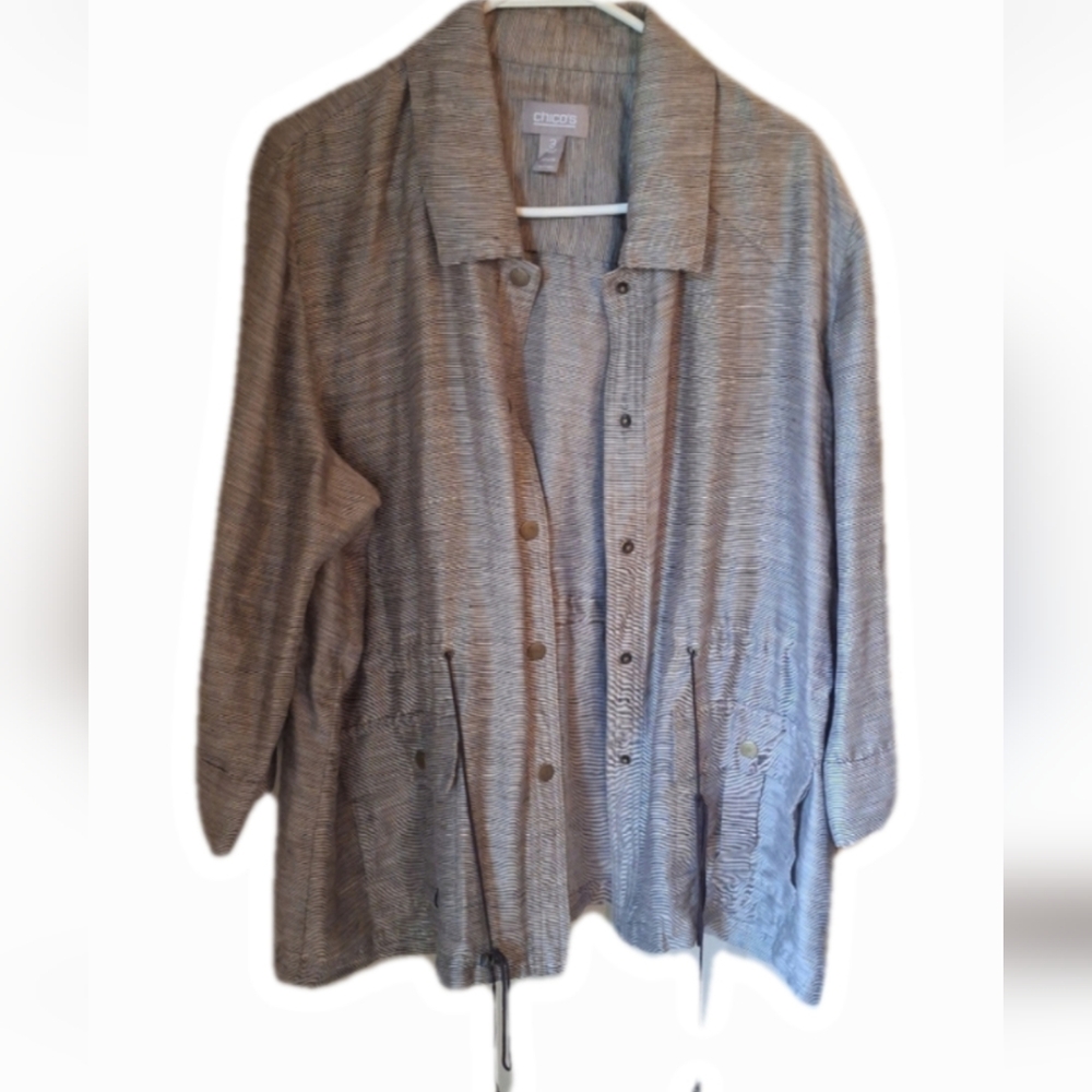 Pristine! Chicos Linen lightweight brown striped jacket minimalist XL 16